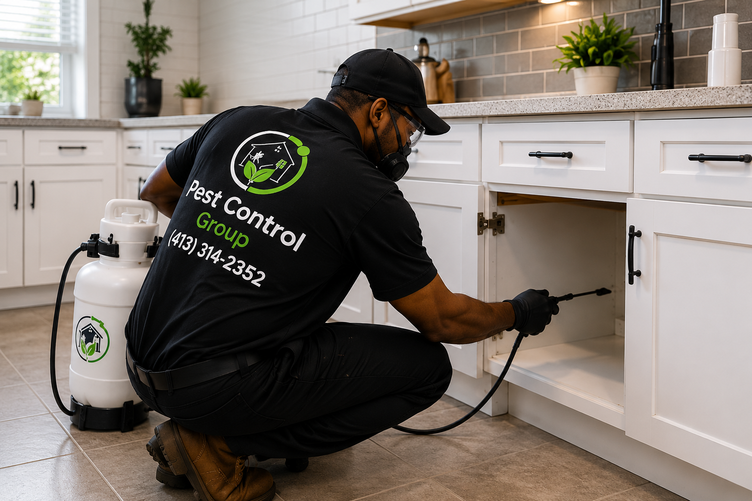 Licensed pest control technician treating the exterior of a suburban home