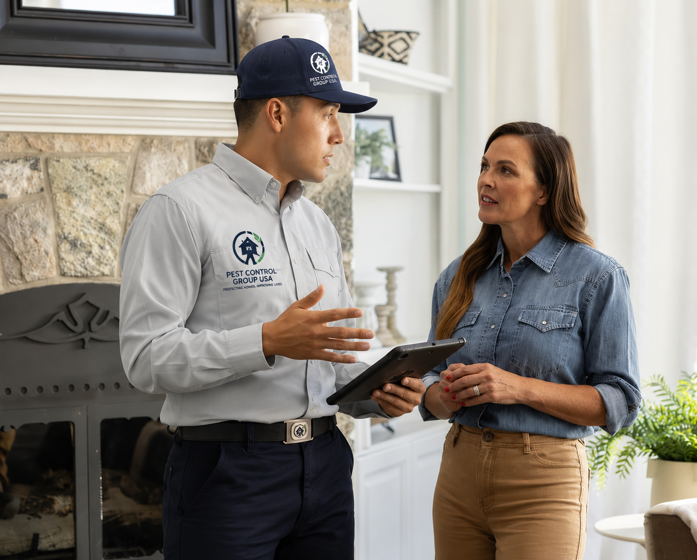 Pest control technician treating a home exterior
